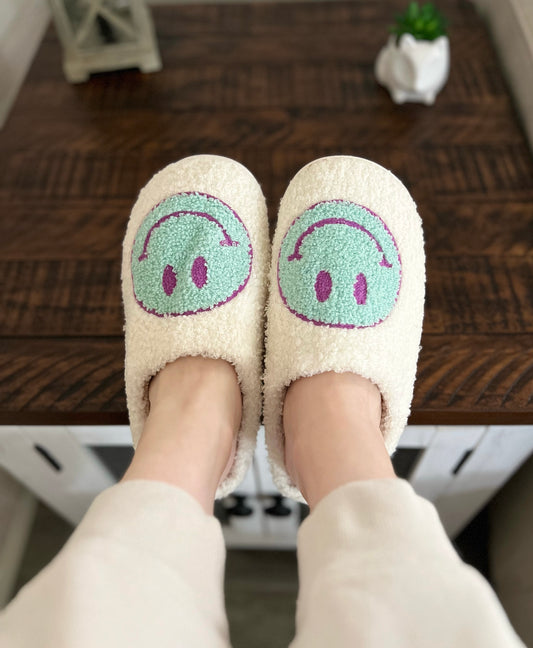 BLUE SMILEY FACE SLIPPERS